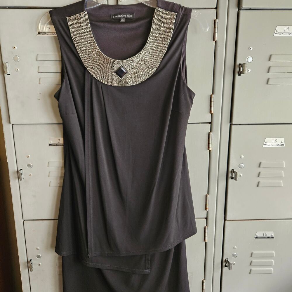 Black knit pullover dress with beaded neck - size 6 by Sandra Darren